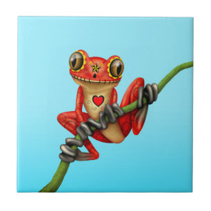 Red Day of the Dead Sugar Skull Tree Frog Tile