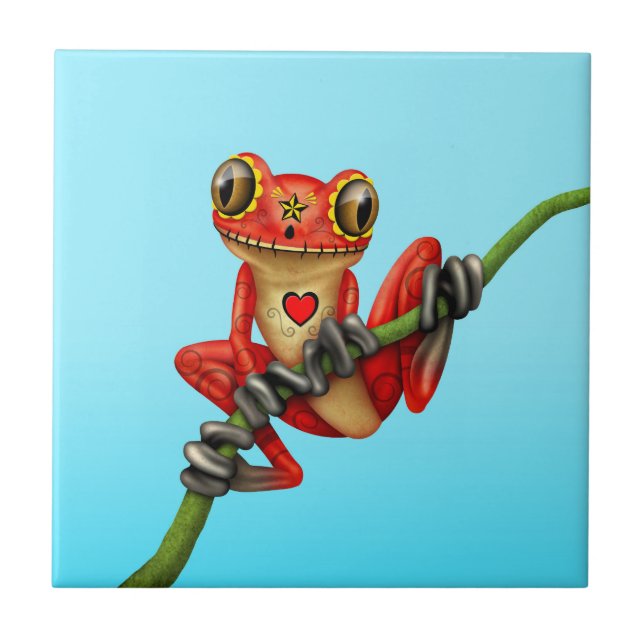 Red Day of the Dead Sugar Skull Tree Frog Tile (Front)