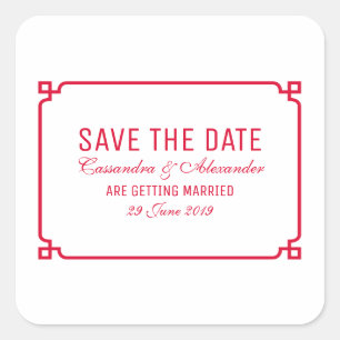 Red Deco Chic Save the Date Square Sticker