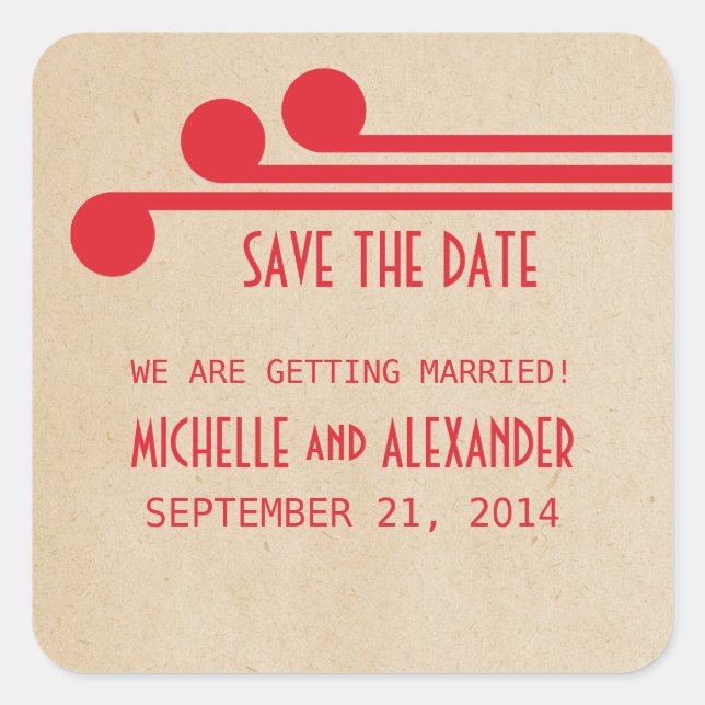 Red Deco Chic Save the Date Stickers (Front)