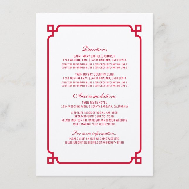 Red Deco Chic Wedding Info Card (Front)