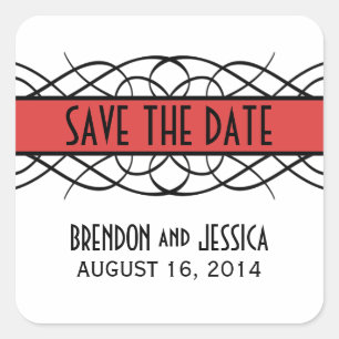 Red Deco Flourish Save the Date Stickers
