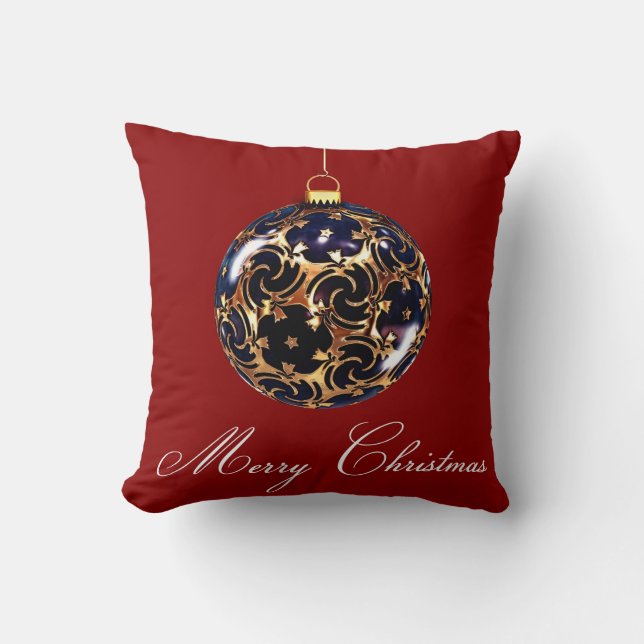 Red Decorative Blue Glitter Merry Christmas Ball Cushion (Front)
