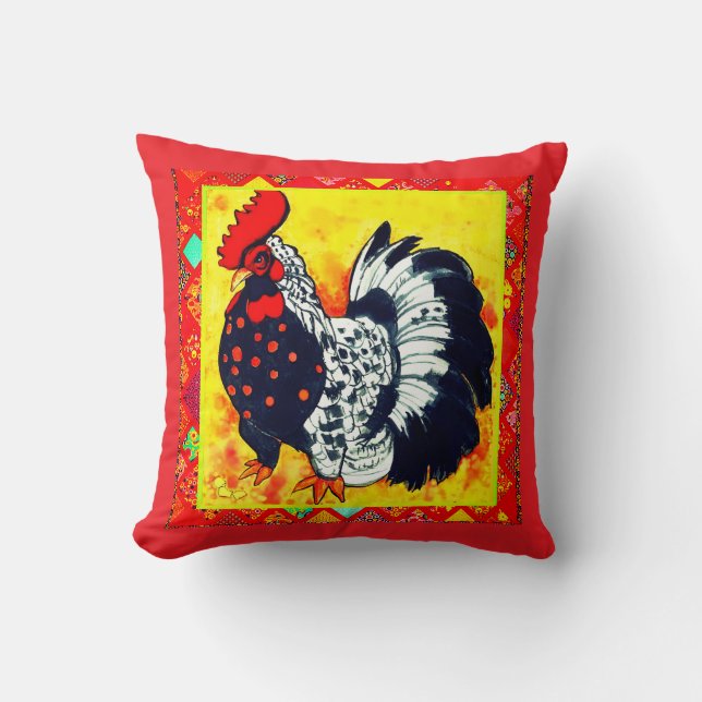  Red Decorative Border Rooster Art Cushion (Front)