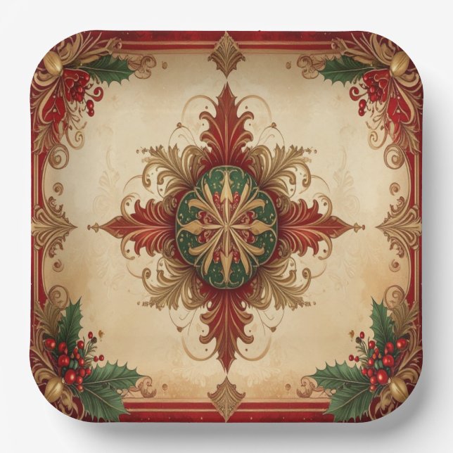 Red Decorative Christmas Holiday Paper Plate (Front)