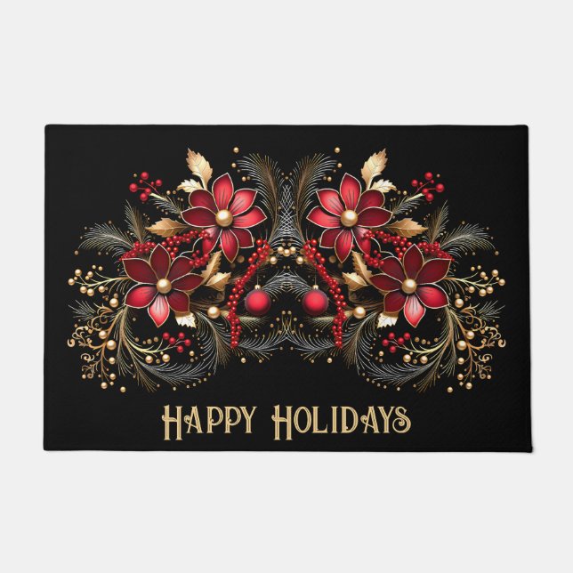 Red Decorative Flowers Holiday Doormat (Front)