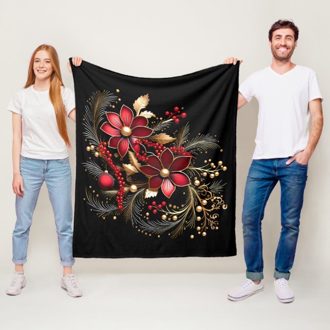 Red Decorative Flowers Holiday Fleece Blanket (In Situ)
