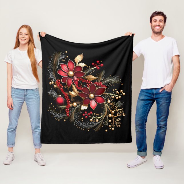 Red Decorative Flowers Holiday Fleece Blanket (In Situ)