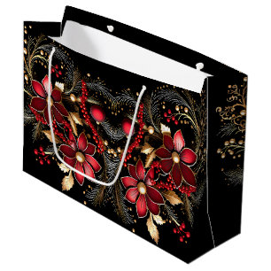 Red Decorative Flowers Holiday Gift Bag