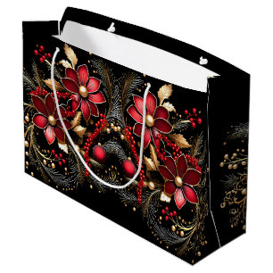 Red Decorative Flowers Holiday Gift Bag