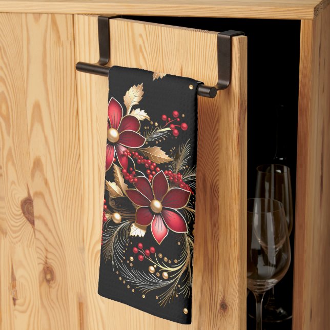 Red Decorative Flowers Holiday Kitchen Towel (Thirds Fold)