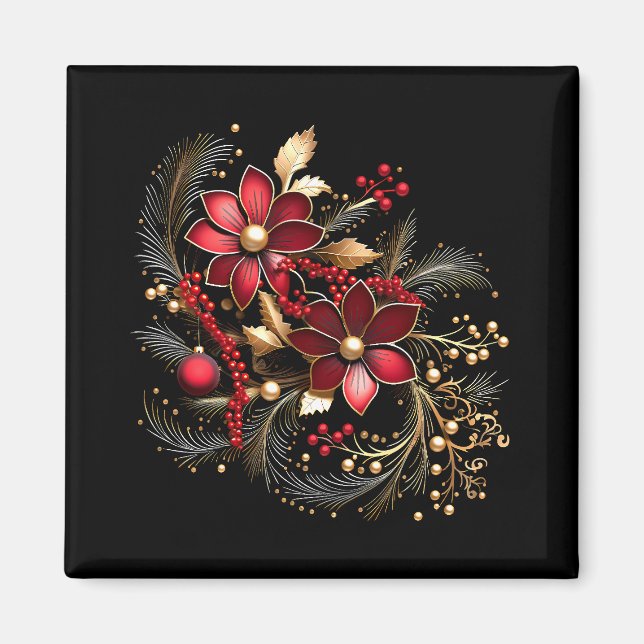 Red Decorative Flowers Holiday Magnet (Front)