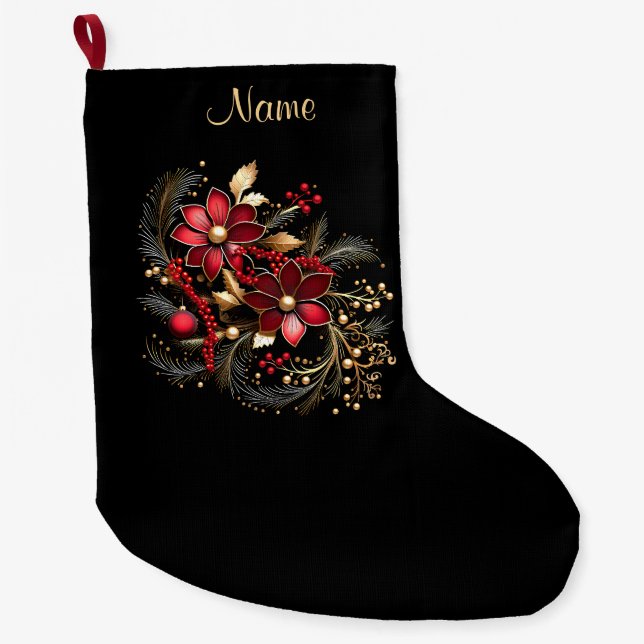 Red Decorative Flowers Holiday Stocking (Front)