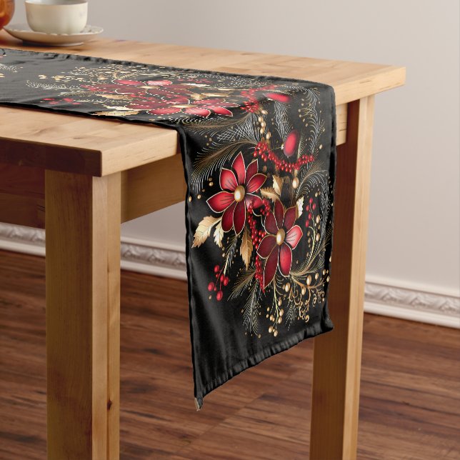 Red Decorative Flowers Holiday Table Runner (In Situ)