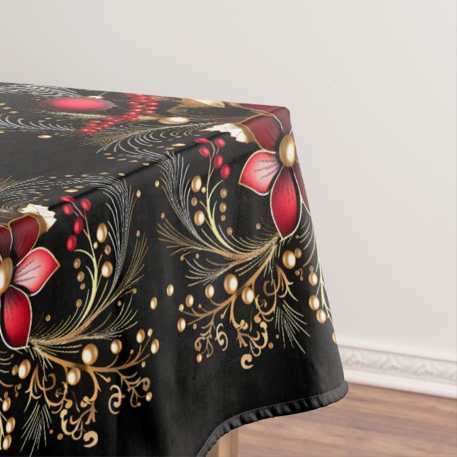 Red Decorative Flowers Holiday Tablecloth (In Situ)
