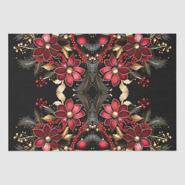 Red Decorative Flowers Holiday Tissue Paper (Front)