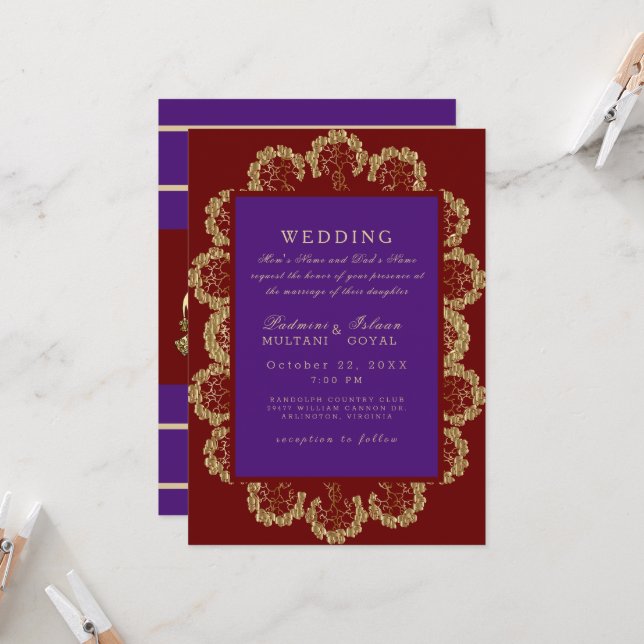 Red Deep Purple Indian Style Wedding Invitation (Front/Back In Situ)