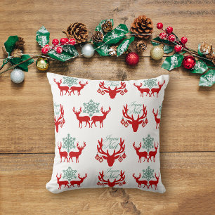 Red Deer Antlers Pattern Cabin Christmas Pattern Cushion