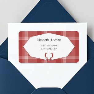 Red Deer Antlers Rustic Plaid Label