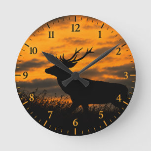 Red Deer at Dawn – Rustic Wildlife Wood Art Round Clock