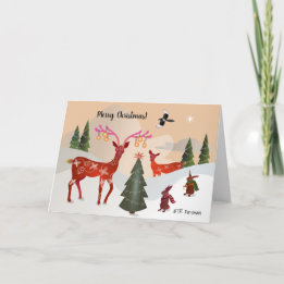 Red deer, bunnies, magpie Christmas Card