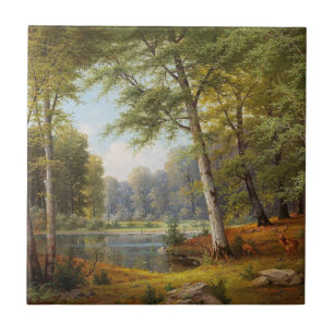 Red Deer by the Forest Pond Ceramic Tile