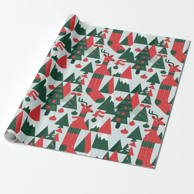 Red deer, cute christmas tree wrapping paper (Unrolled)