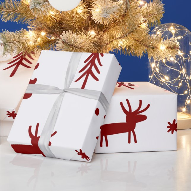 Red Deer in Forest Illustration White Christmas  Wrapping Paper (Holidays)