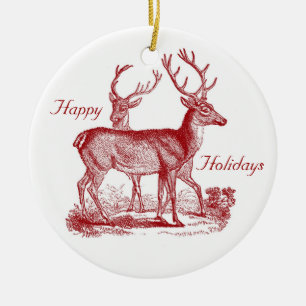 Red Deer Reindeer in Woods Custom Christmas Ceramic Tree Decoration
