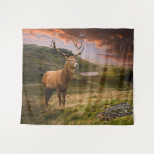 Red deer stag in dramatic mountain landscape tapestry
