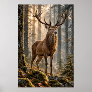 Red Deer Stag in Golden Forest Light Wildlife Wall Poster