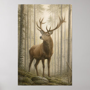 Red Deer Stag in Misty Forest Wildlife Wall Art