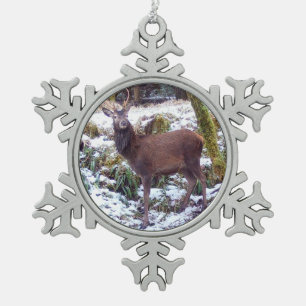 Red Deer Stag in Snow Snowflake Pewter Christmas Ornament