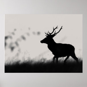 Red Deer Stag Silhouette in Mist – Black and White Poster