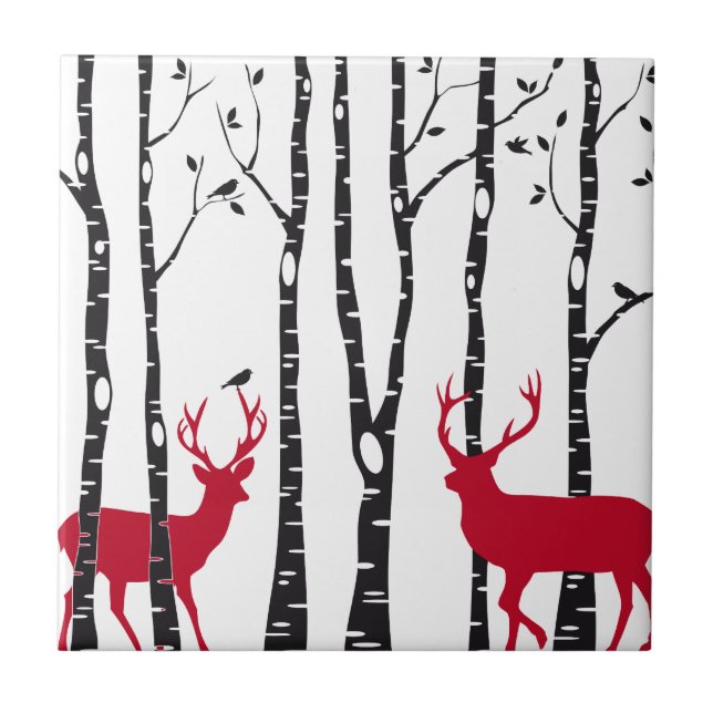 Red deers in birch tree forest ceramic tile (Front)