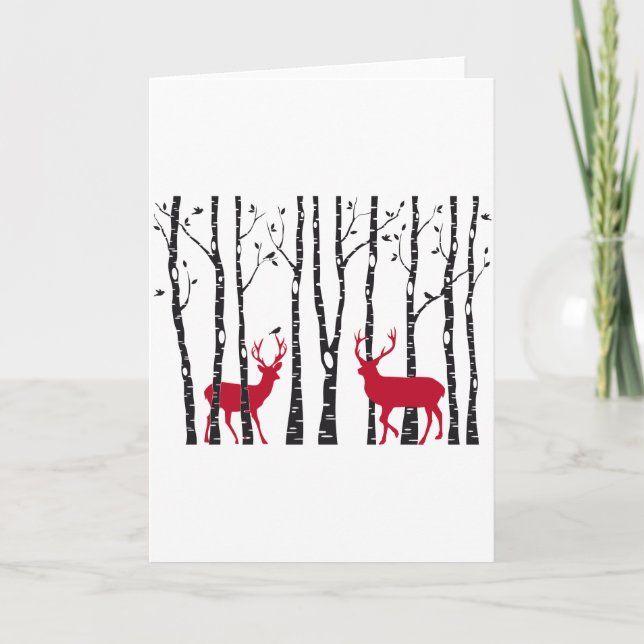 Red deers in birch tree forest holiday card (Front)
