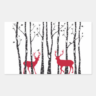 Red deers in birch tree forest rectangular sticker