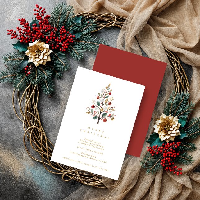 Red Delicate Minimalist Chic Winter Christmas Tree Invitation (Minimalist Chic Winter Christmas Tree Holiday Party Invitations Cards in Digital Watercolor Style.)
