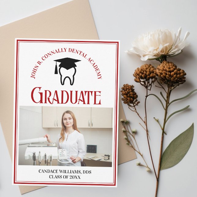 Red Dental School Photo Custom Graduation Announcement (Creator Uploaded)