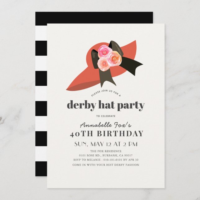 Red Derby Hat Rose Birthday Party Invitation (Front/Back)