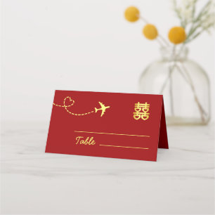 Red destination Chinese wedding love plane route Place Card