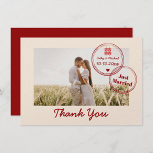 Red destination wedding double happiness photo thank you card
