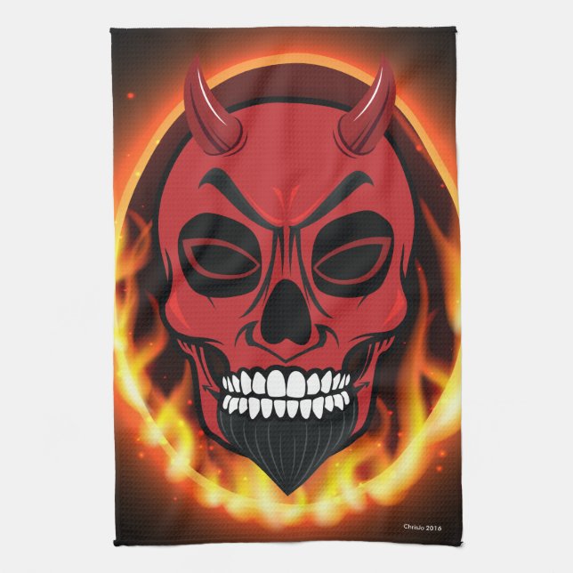 Red Devil Skull Skeleton Demon Kitchen Towel (Vertical)