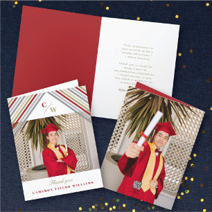Red Diagonal Stripes Photo Modern Graduation Thank You Card