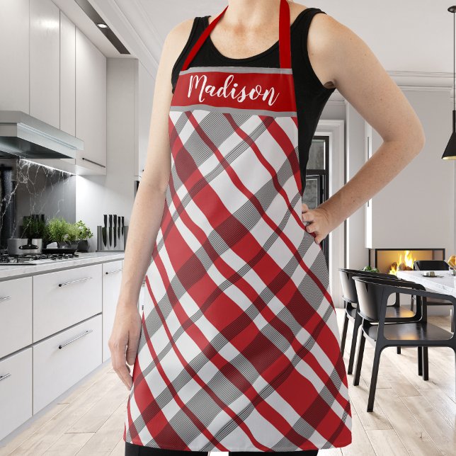 Red Diagonal Tartan Plaid Custom Apron (Red Diagonal Tartan Plaid Custom Apron - Just add your name or special text)