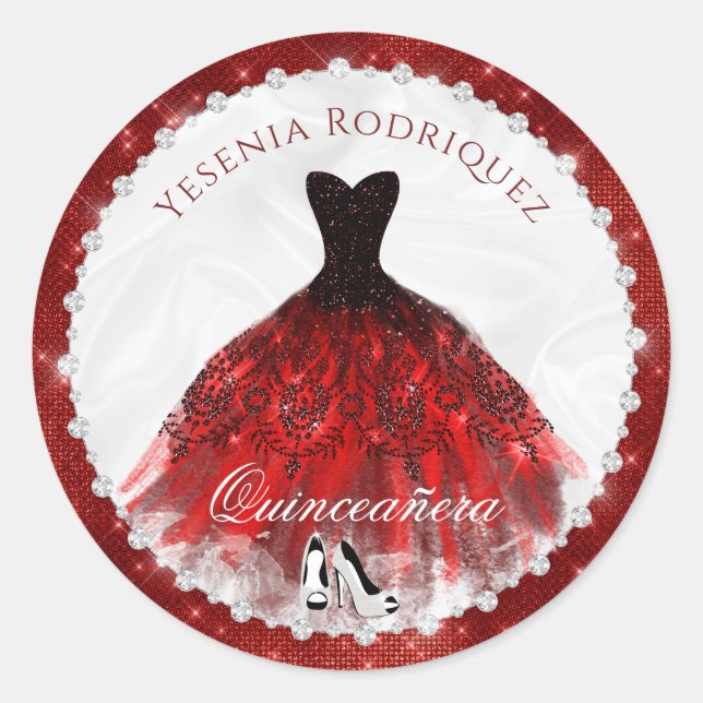 Red Diamond Sparkle Glam Quinceañera Classic Round Sticker (Front)