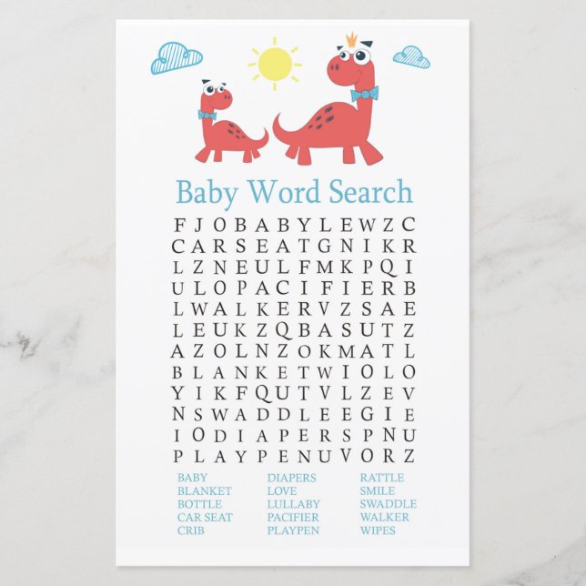 Red dinosaur Baby Shower Word Search Game (Front)