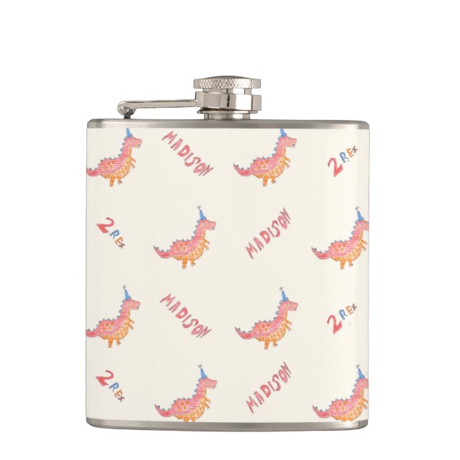 Red dinosaur two rex 2nd birthday party  hip flask (Front)