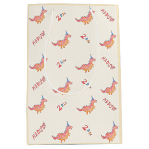 Red dinosaur two rex 2nd birthday party medium gift bag