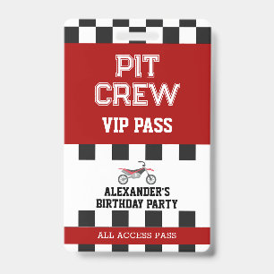 Red Dirt Bike Birthday Party Pit Crew VIP Pass ID Badge